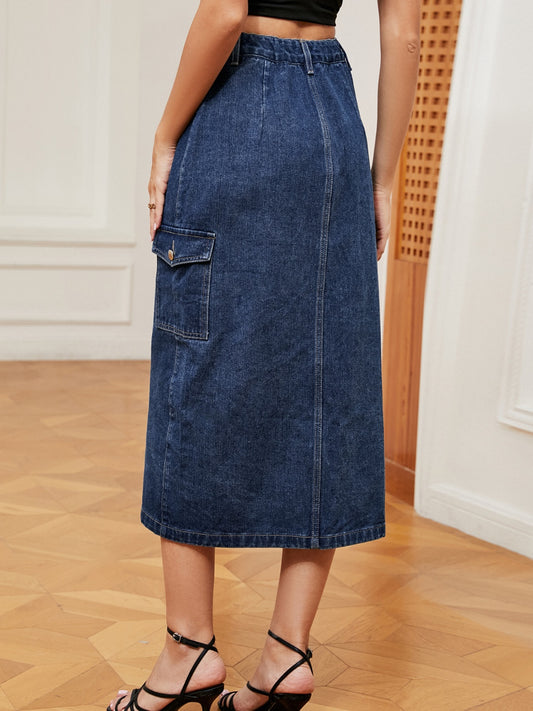 Button Down Midi Denim Skirt Back
