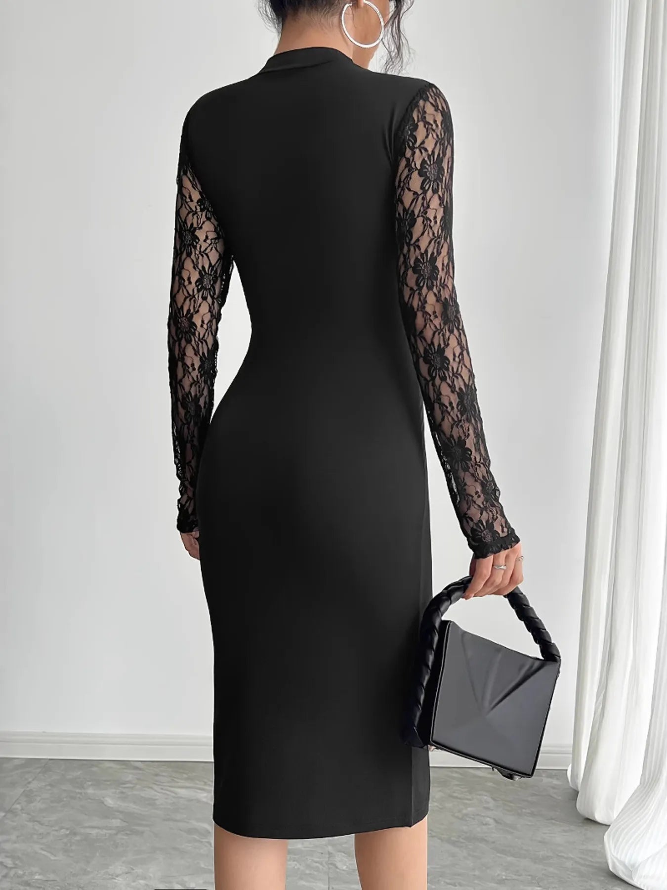 Lace Mock Neck Slit Dress Back