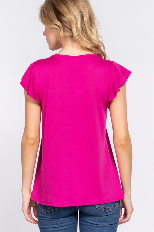 ACTIVE BASIC Ruffle Short Sleeve Lace Detail Knit Top Back