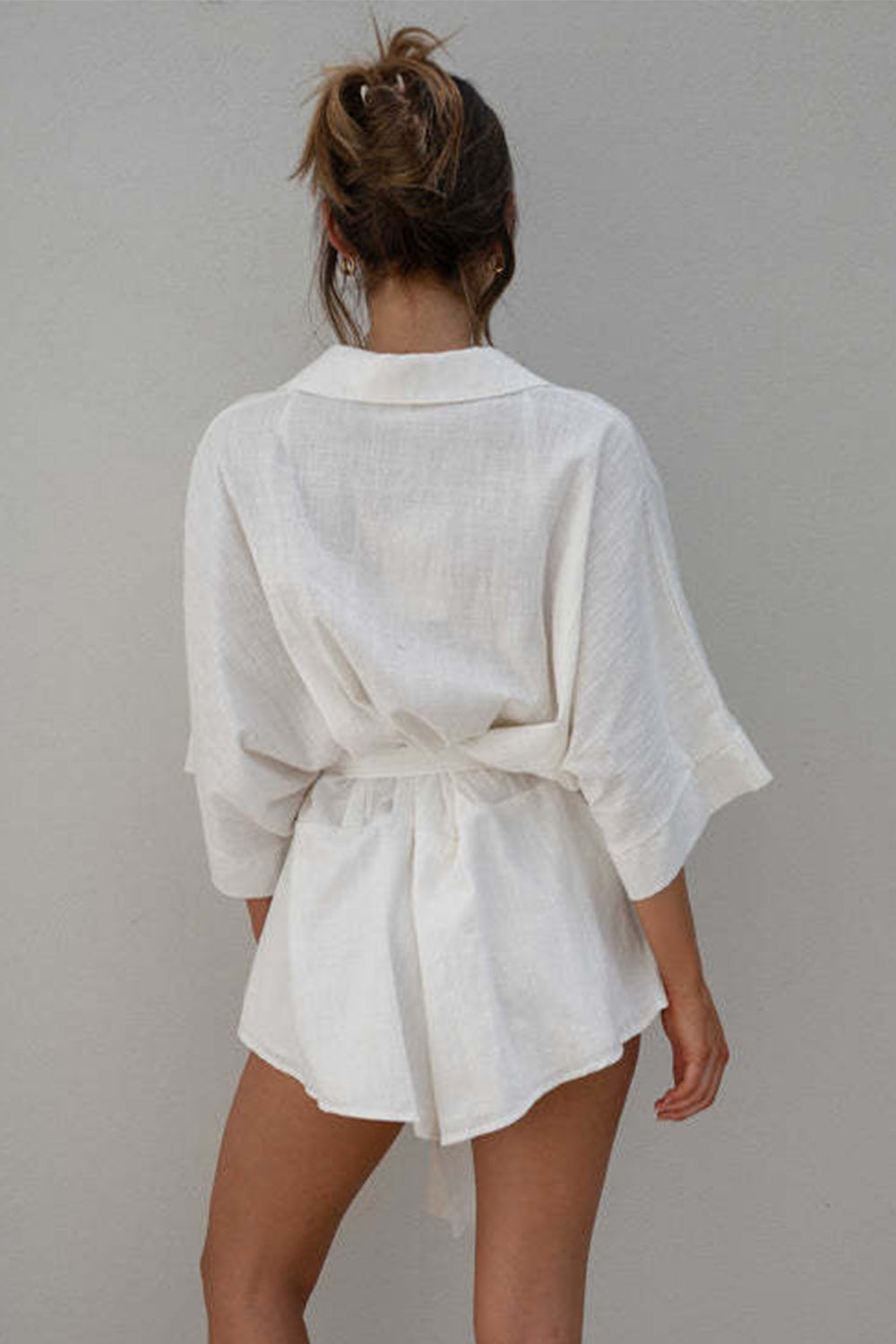Tied Button Up Collared Neck Romper Back