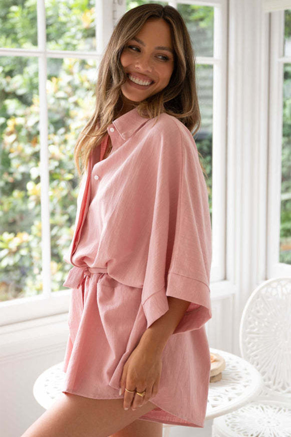 Tied Button Up Collared Neck Romper Side