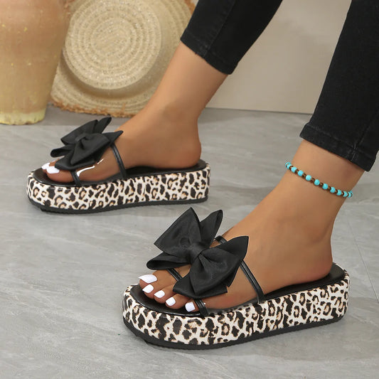 Bow Open Toe Leopard Platform Sandals