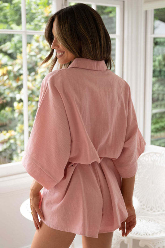 Tied Button Up Collared Neck Romper Back