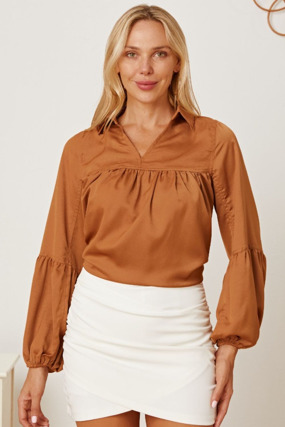 Balloon Sleeve Collared Neck Blouse Front