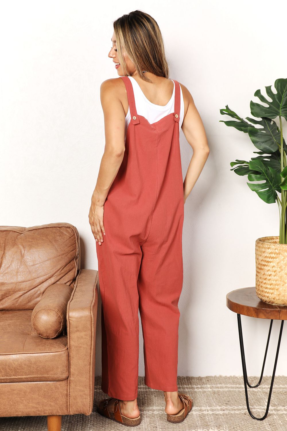 Perfee Wide Leg Overalls with Front Pockets Back