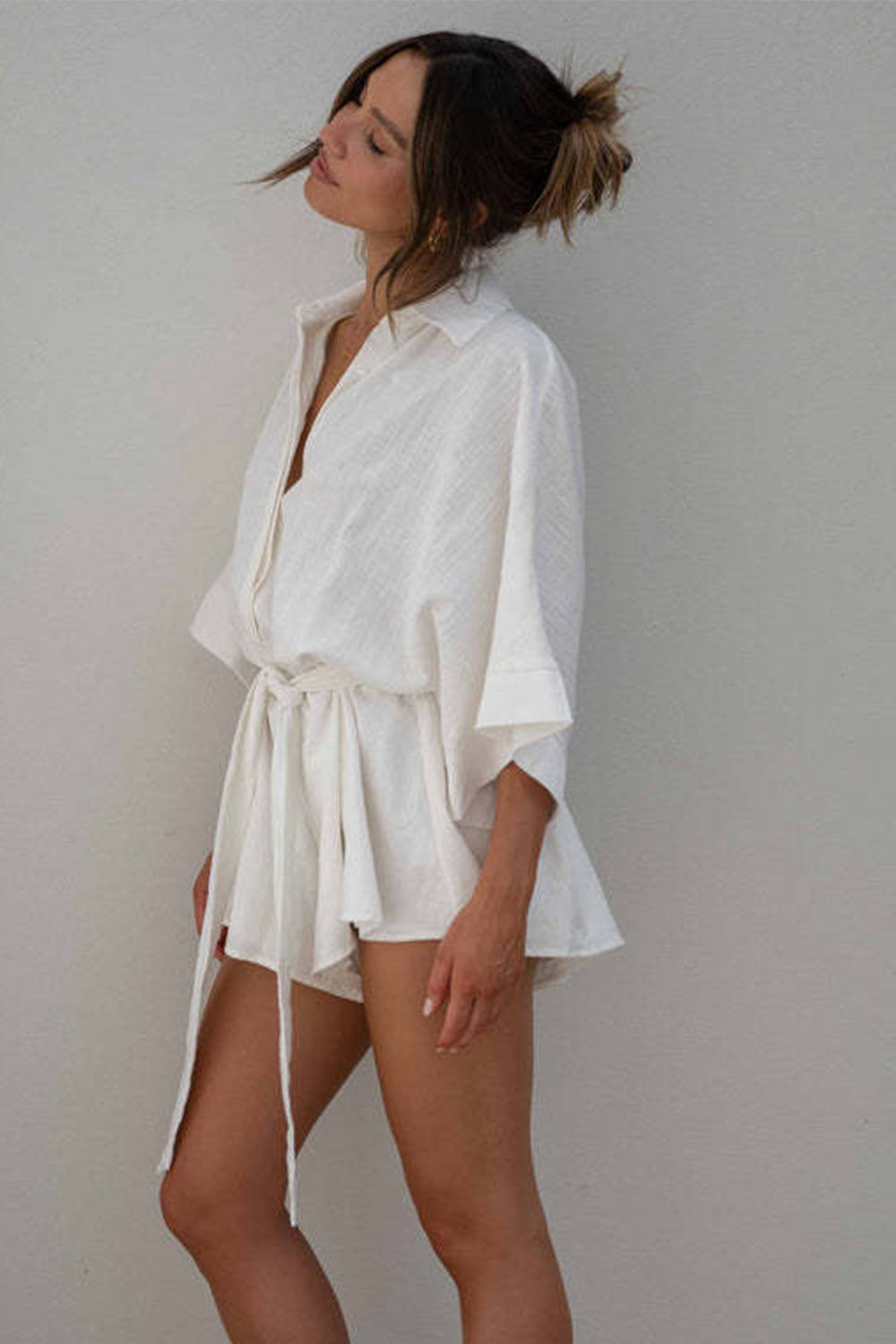 Tied Button Up Collared Neck Romper Side