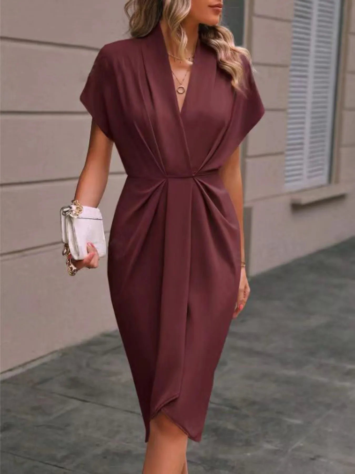 Ruched Surplice Short Sleeve Dress