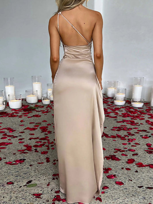 One Shoulder Satin Dress with High Slit Back