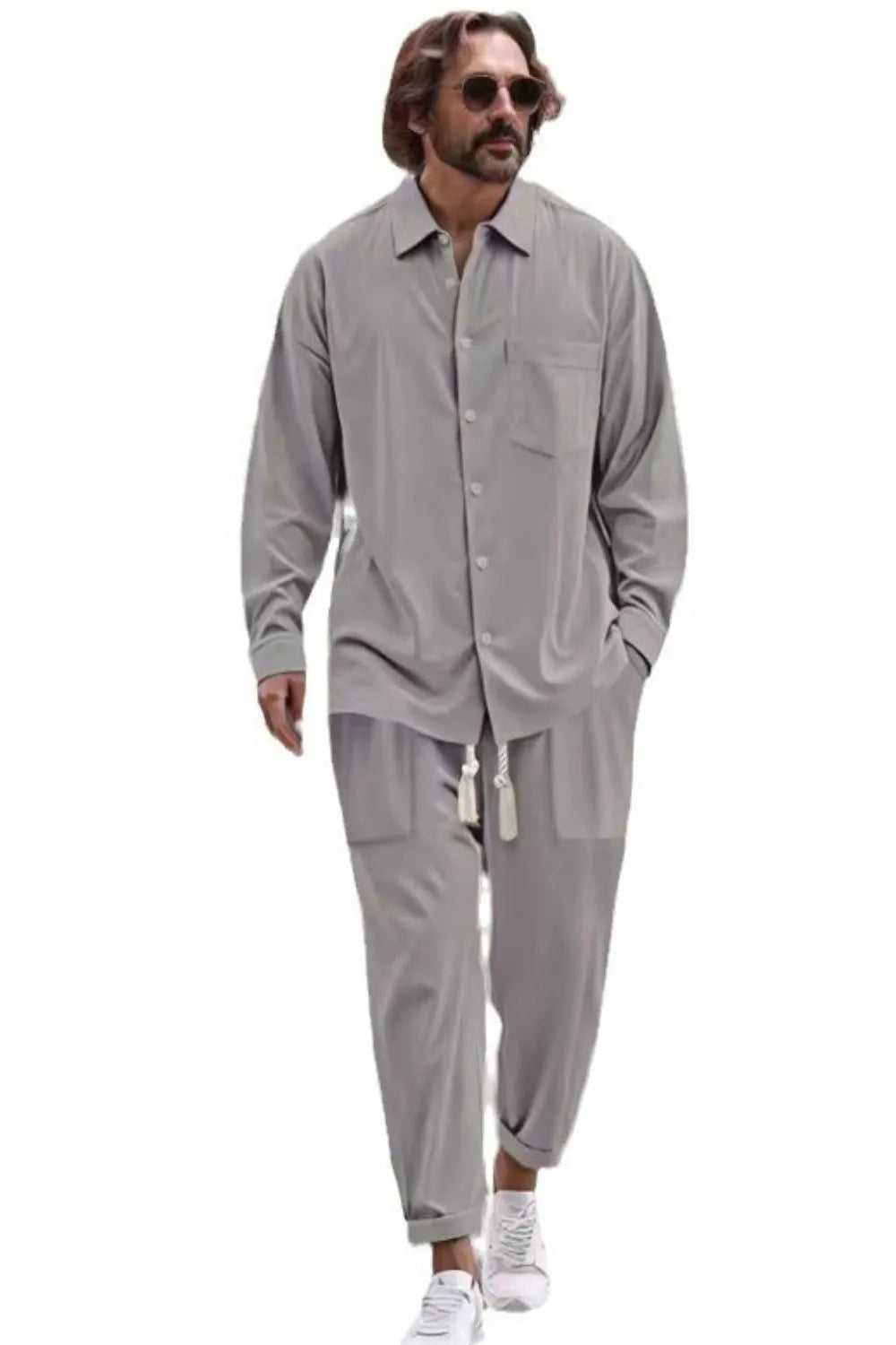 Men's Collared Neck Long Sleeve Top and Pants Set Plus Size