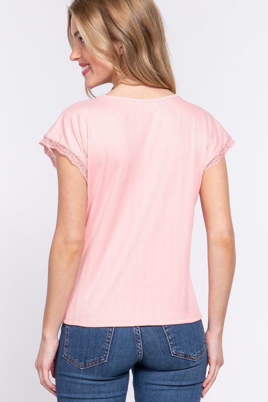 ACTIVE BASIC Lace Trim V-Neck Short Sleeve Ribbed Top Back