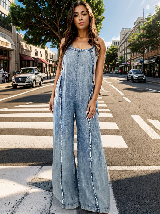 Adjustable Strap Wide Leg Denim Overalls Front