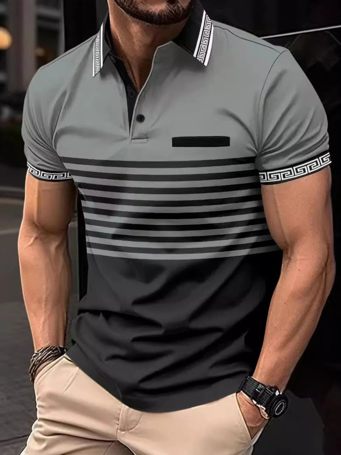 Men's Full Size Striped Collared Neck Short Sleeve Polo Plus Size