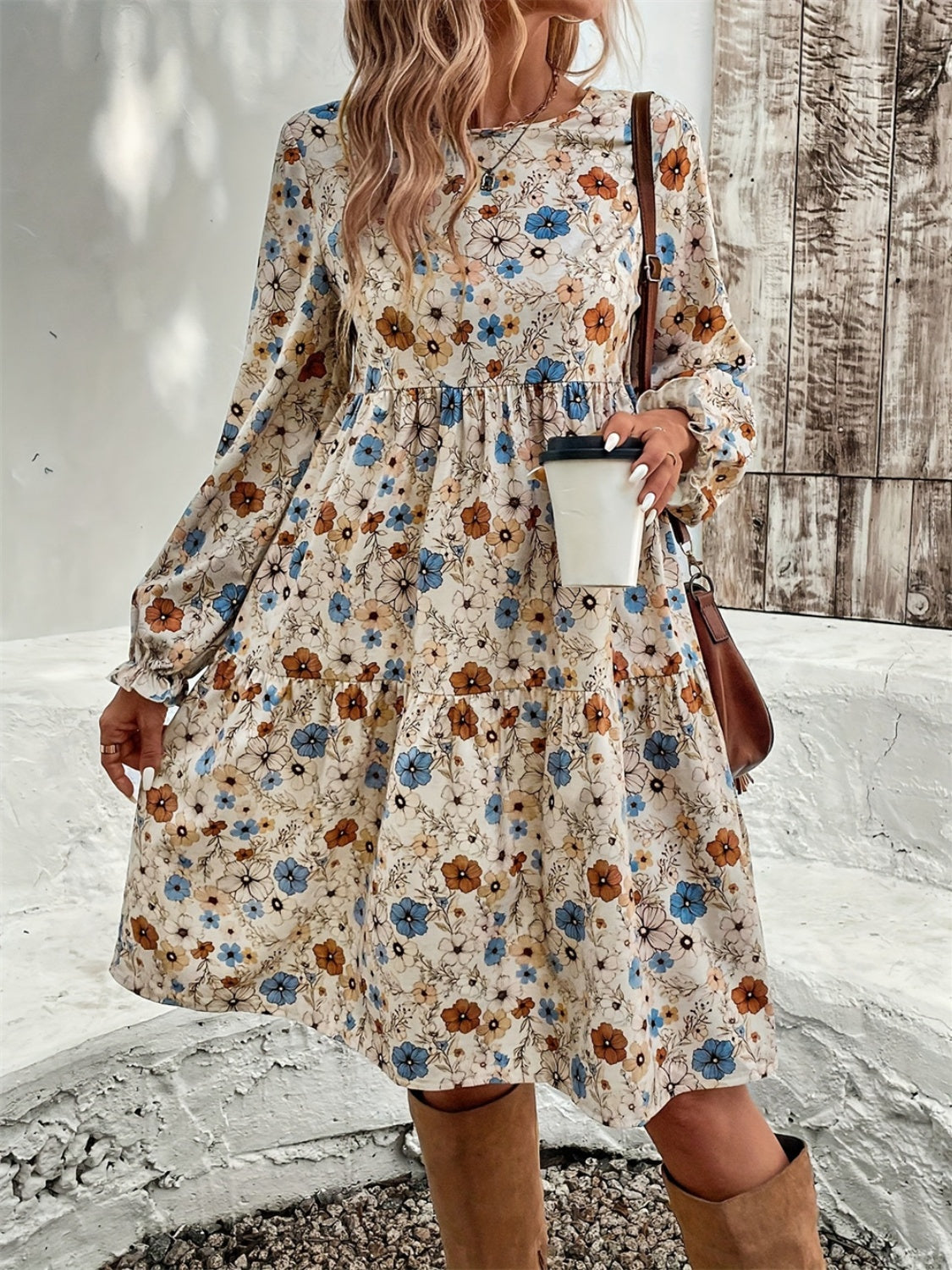 Ruffled Printed Round Neck Long Sleeve Dress