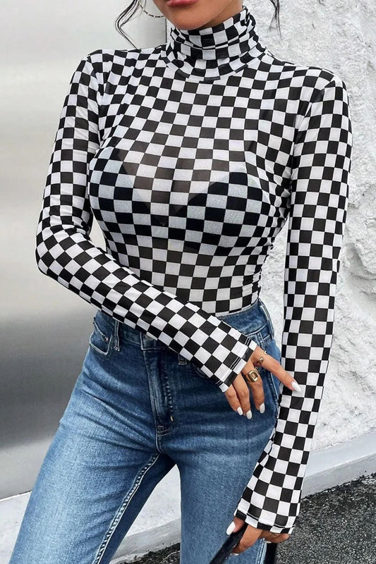 Checkered Turtleneck Long Sleeve Bodysuit