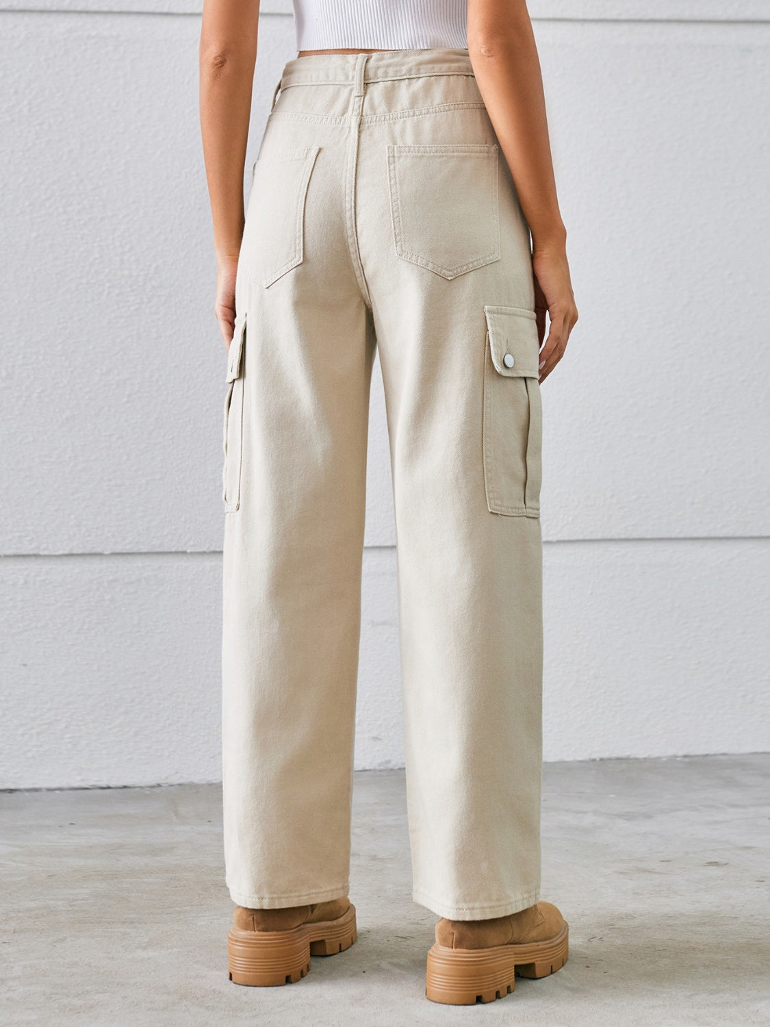 Drawstring Mid-Rise Waist Straight Cargo Jeans