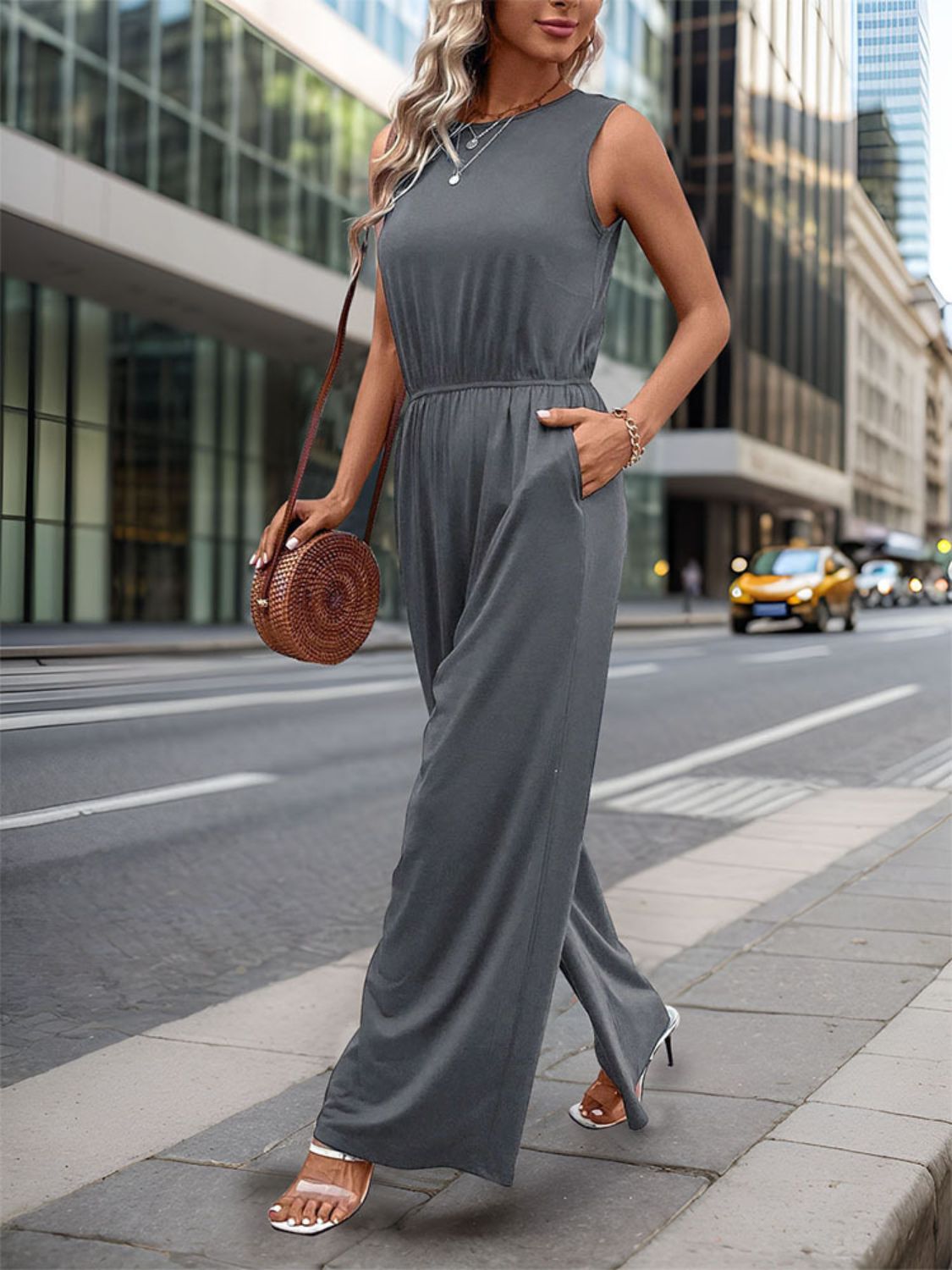 Perfee Round Neck Wide Leg Jumpsuit