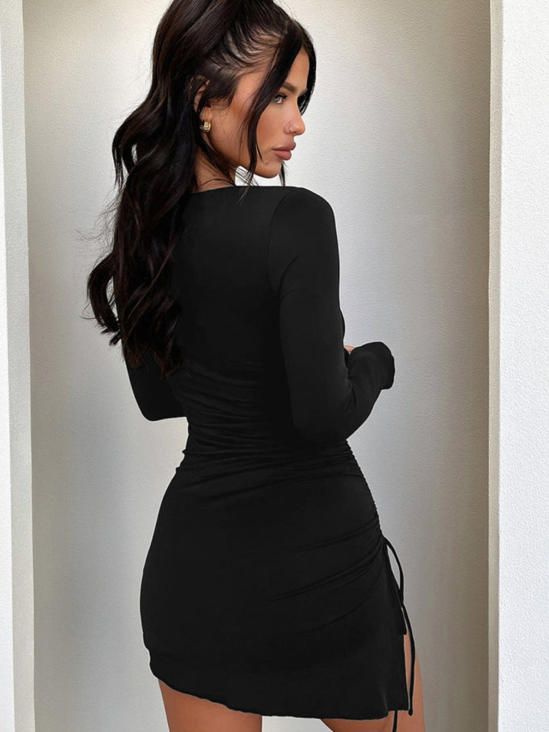 Side Drawstring Round Neck Long Sleeve Dress Back