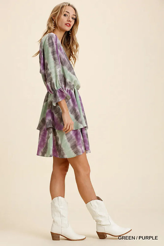 Umgee Tie Dye Ruffled Layered Dress with Elastic Waistband Side