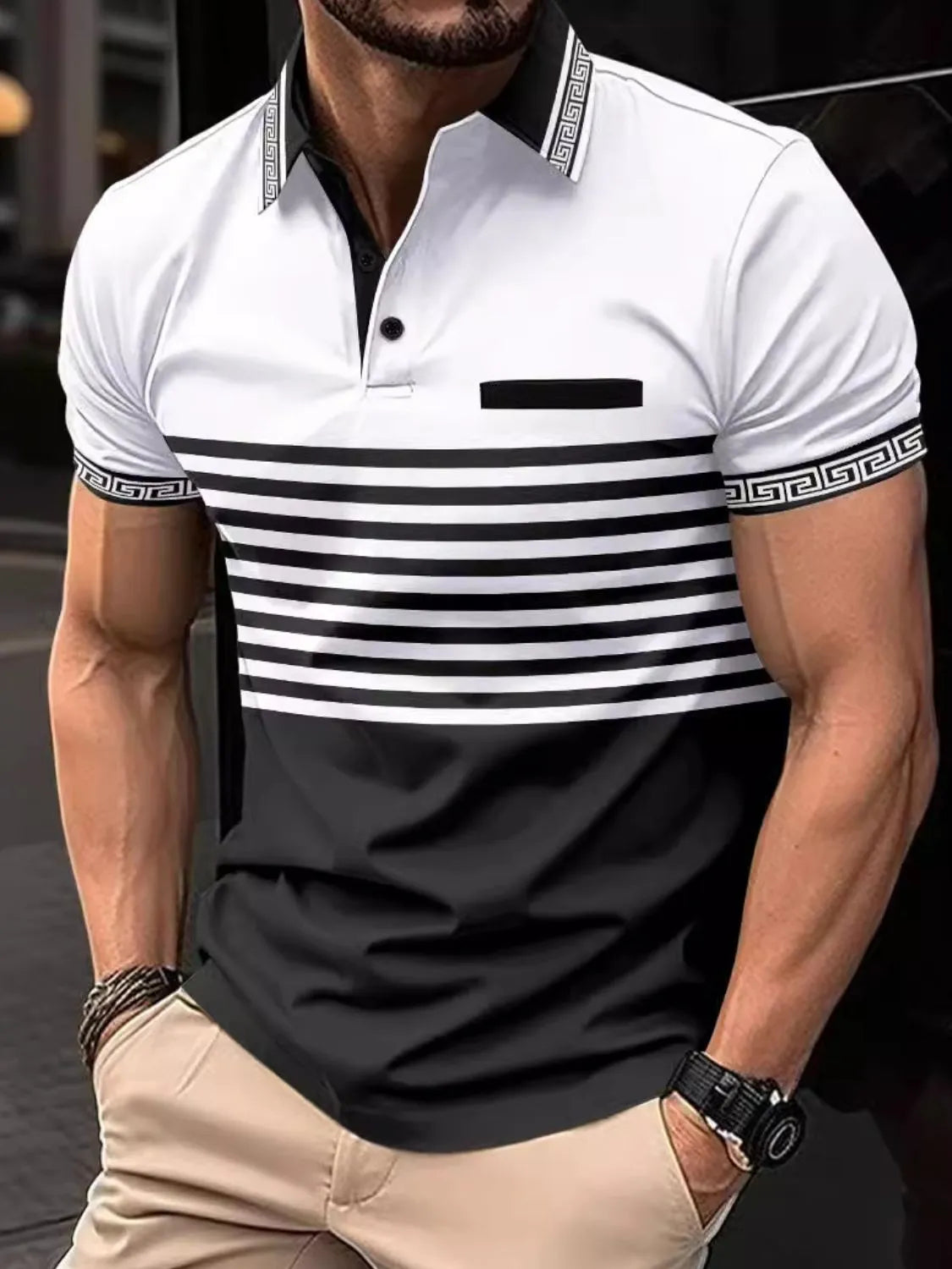 Men's Full Size Striped Collared Neck Short Sleeve Polo Plus Size