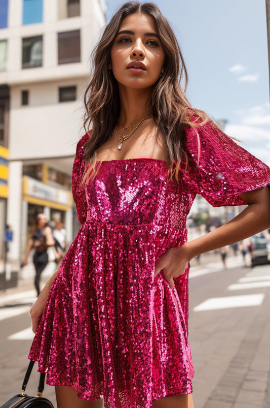 Sequin Square Neck Balloon Sleeve Romper