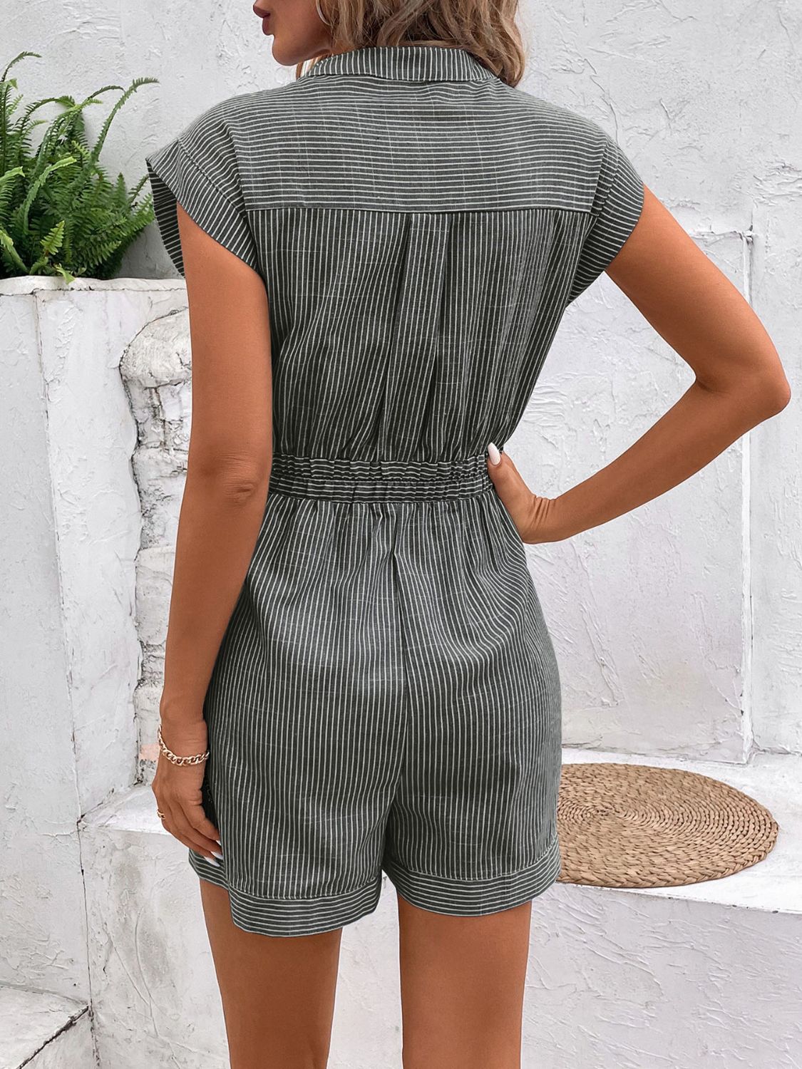 Perfee Striped Notched Tie Waist Romper