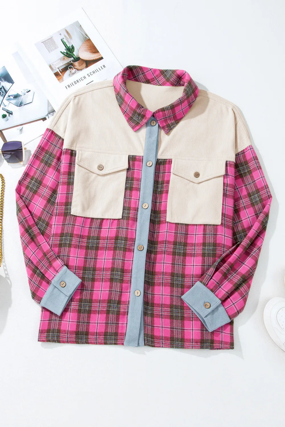 Plus Size Plaid Collared Neck Long Sleeve Shirt