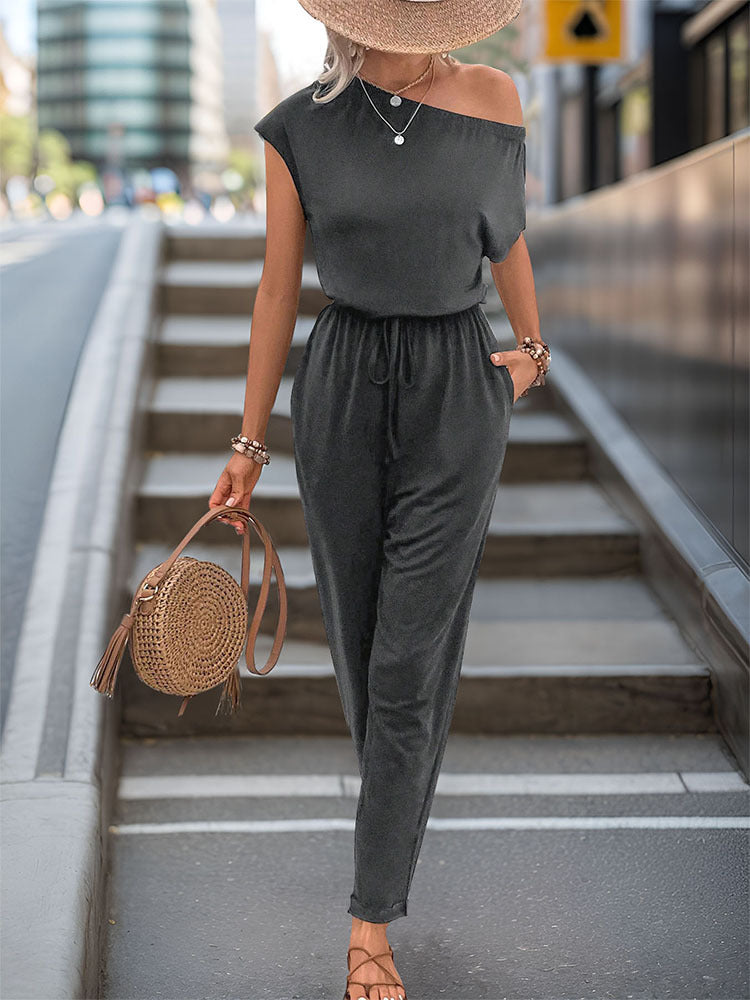 Perfee Single Shoulder Short Sleeve Jumpsuit