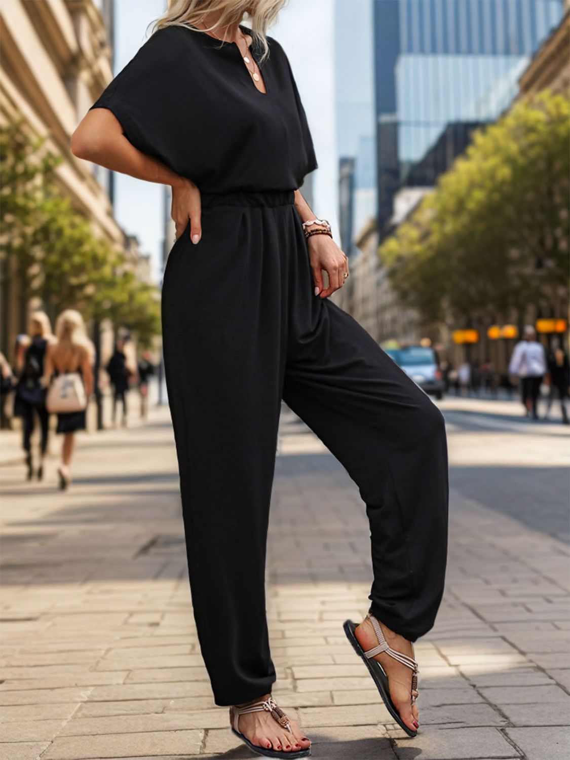 Perfee Notched Half Sleeve Straight Jumpsuit