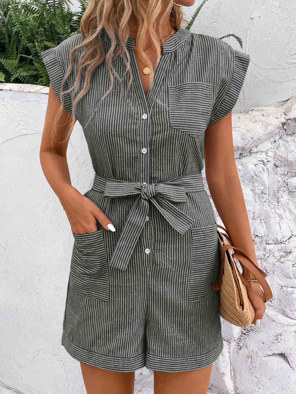 Perfee Striped Notched Tie Waist Romper