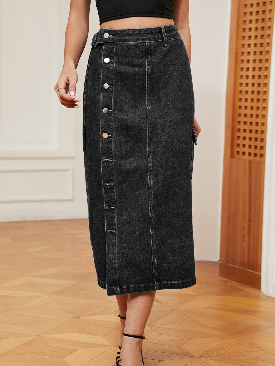 Button Down Midi Denim Skirt Front