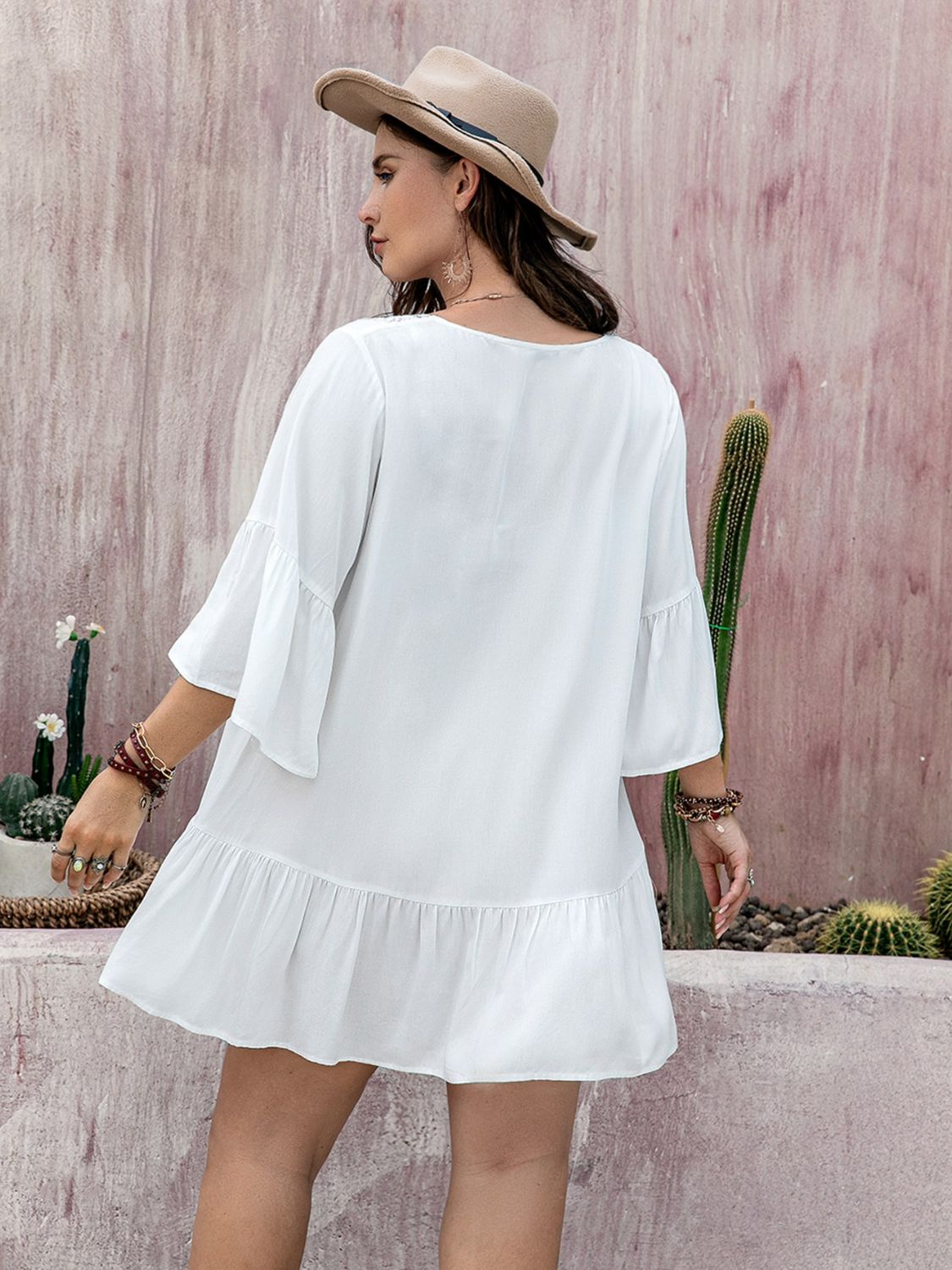 Plus Size Lace Detail Tie Neck Three-Quarter Sleeve Mini Dress