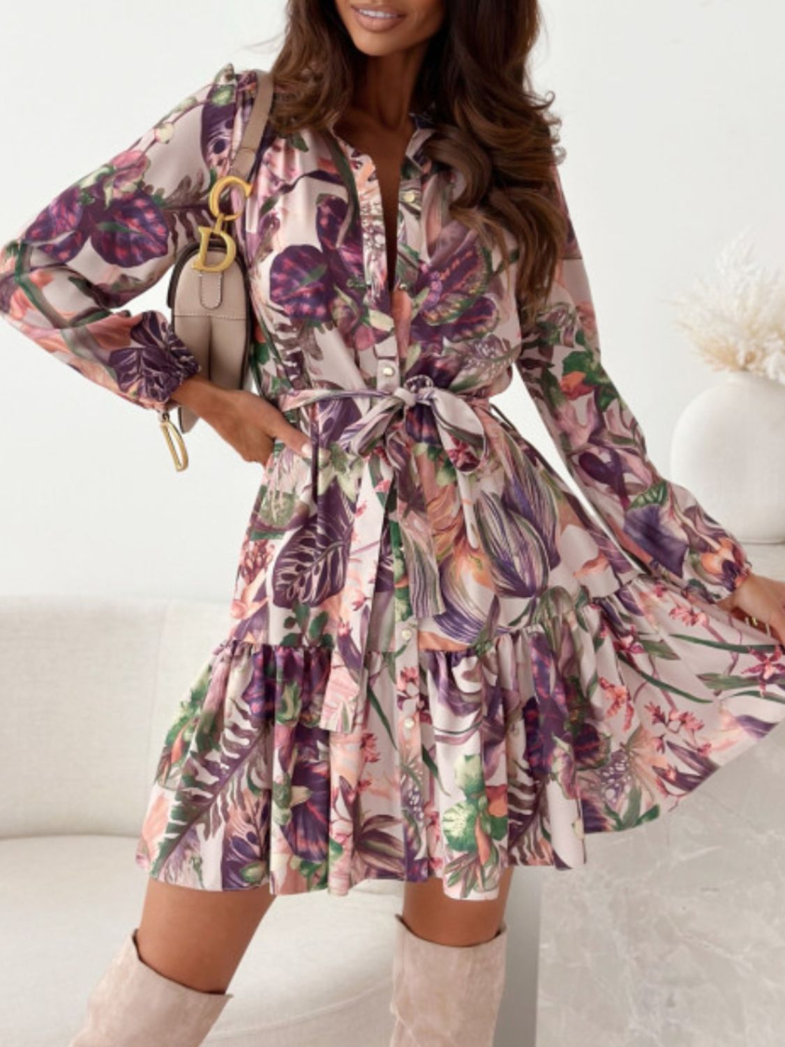 Ruffle Hem Floral Long Sleeve Dress