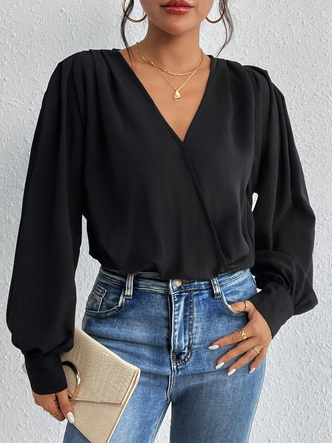 Perfee Surplice Ruched Long Sleeve Bodysuit