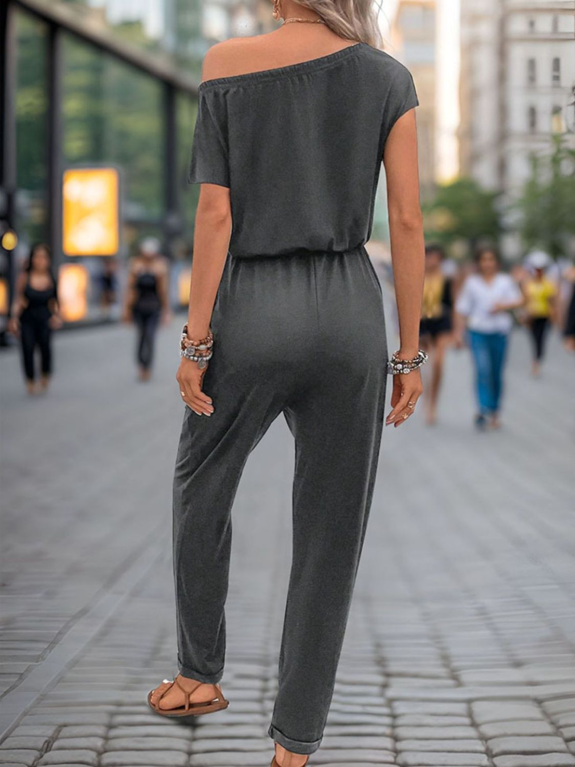 Perfee Single Shoulder Short Sleeve Jumpsuit