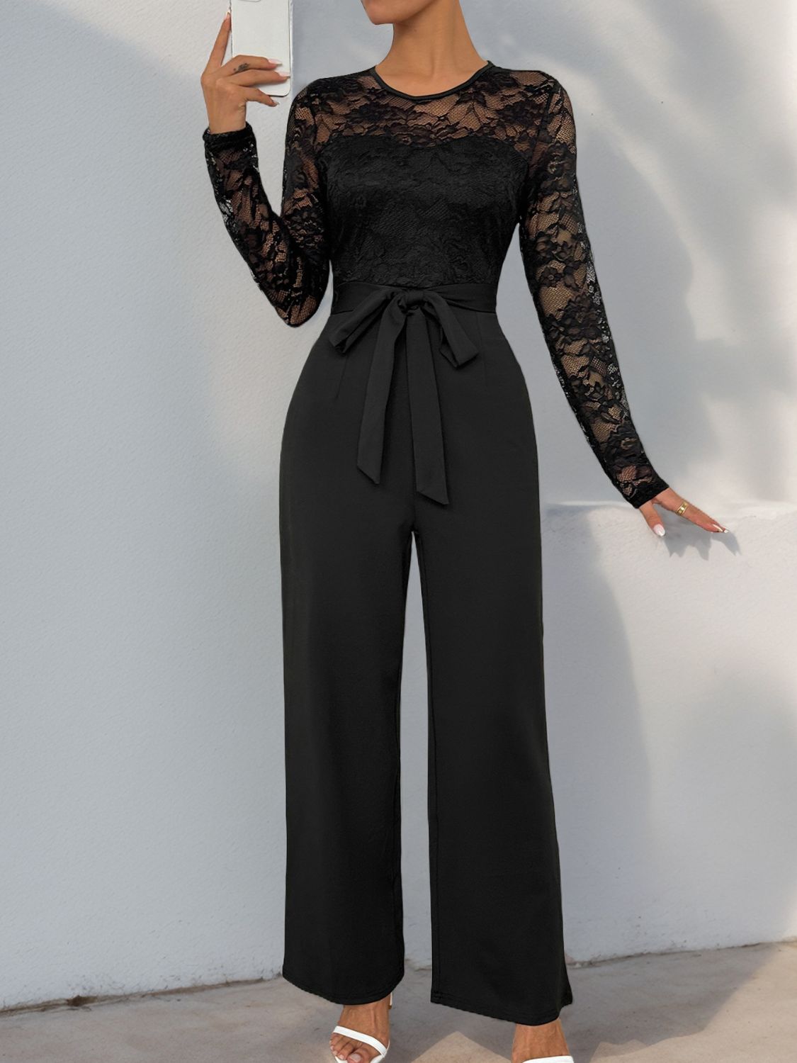 Perfee Lace Round Neck Long Sleeve Jumpsuit