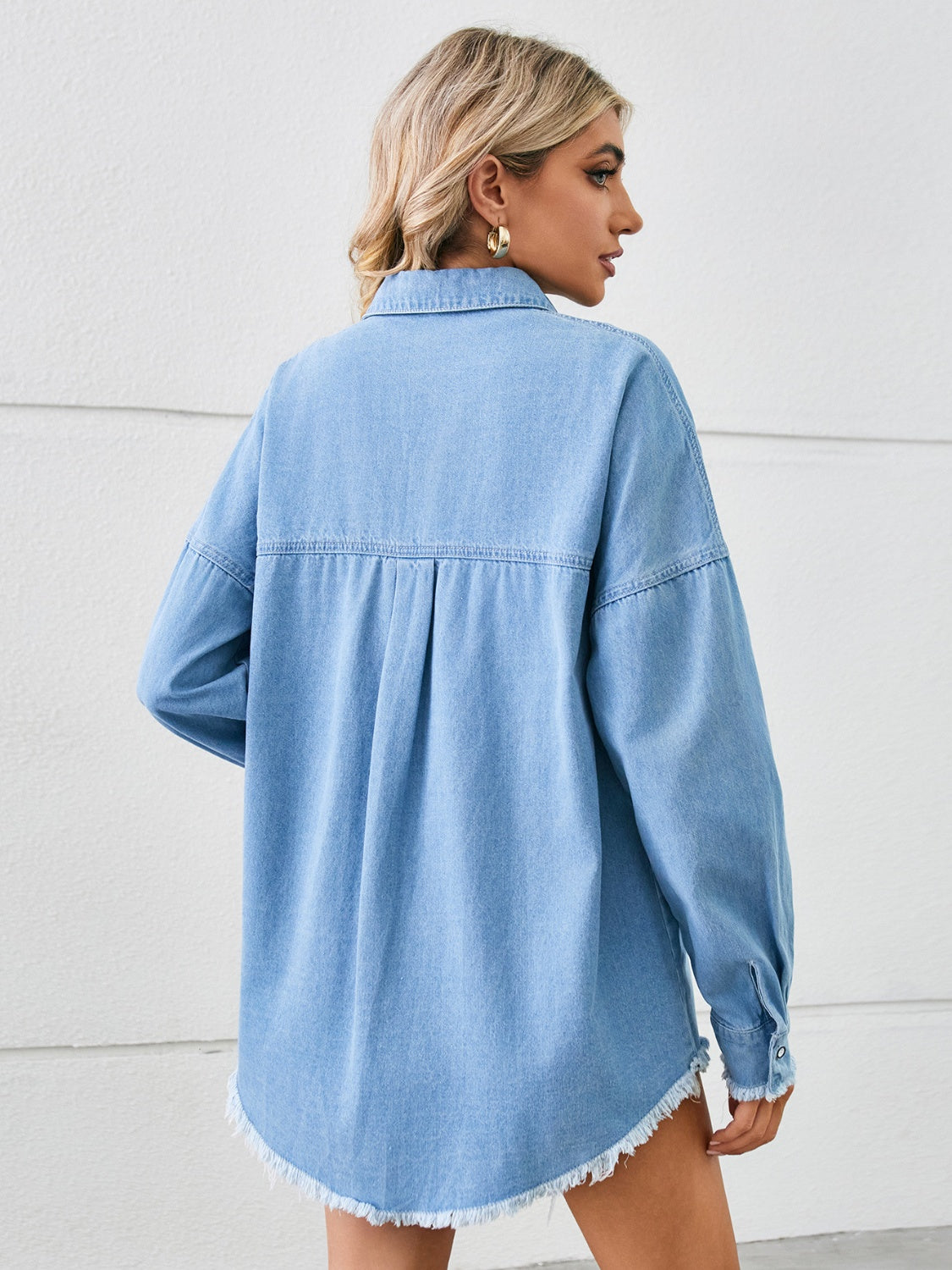 Distressed Raw Hem Dropped Shoulder Denim Jacket Back