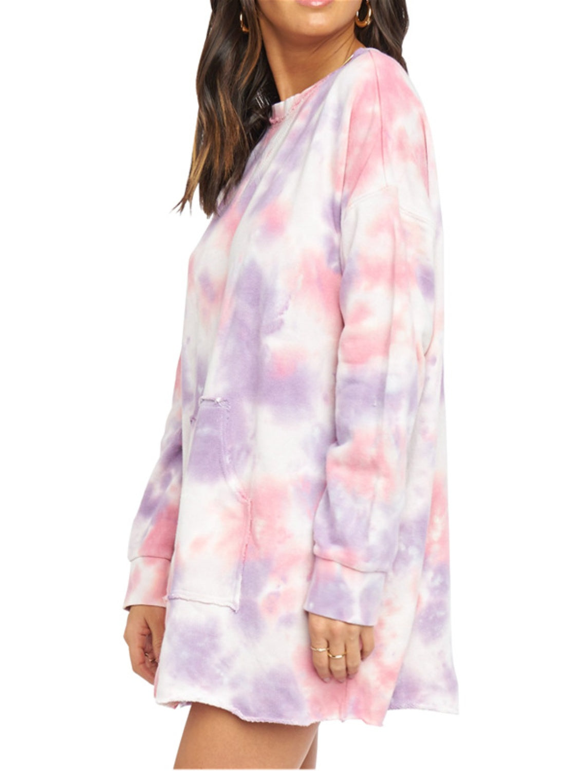 Pocketed Tie-Dye Round Neck Long Sleeve Dress