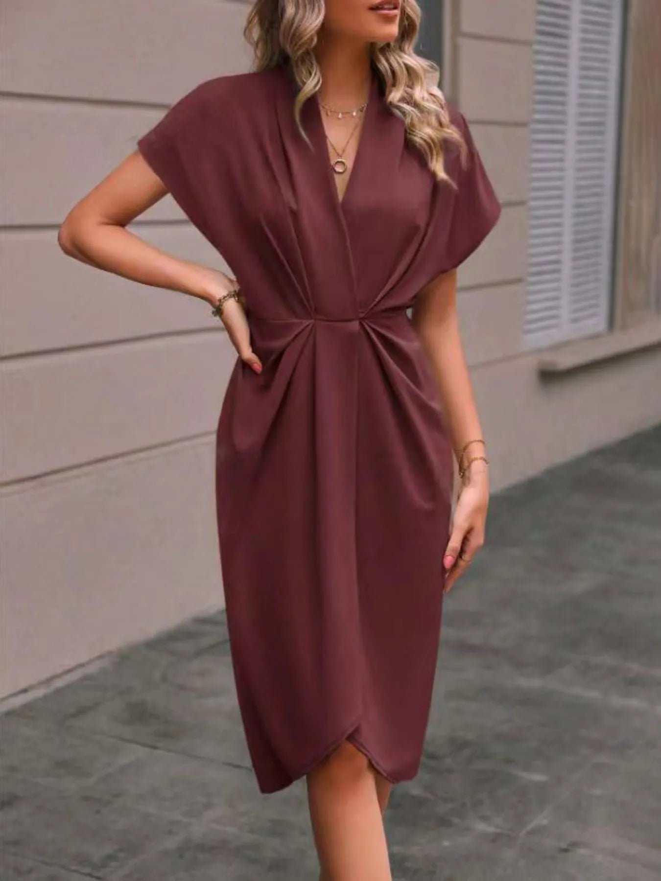 Ruched Surplice Short Sleeve Dress