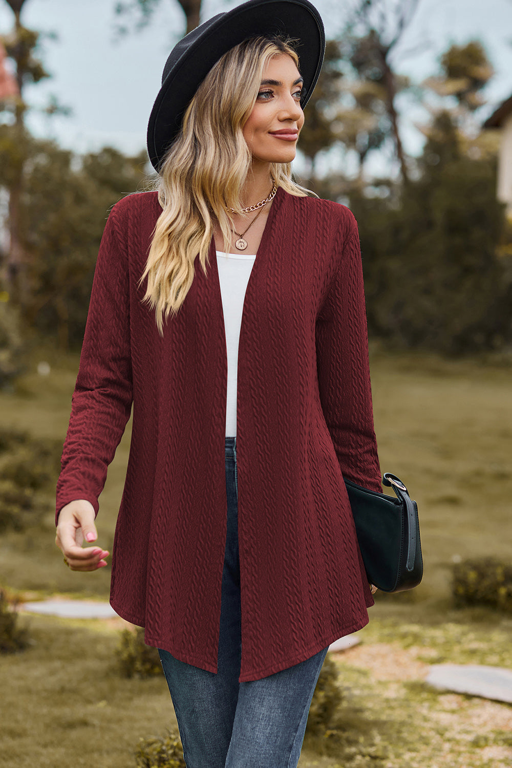 Textured Open Front Long Sleeve Cardigan