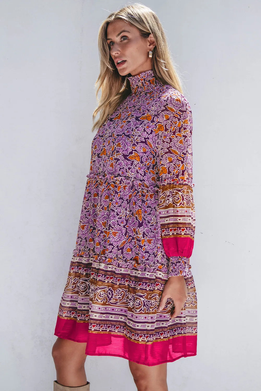 Smocked Floral Turtleneck Long Sleeve Dress