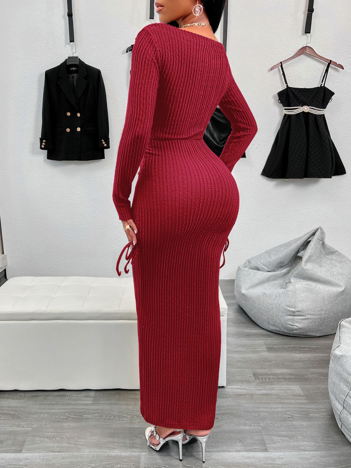 Drawstring Textured Long Sleeve Wrap Dress back