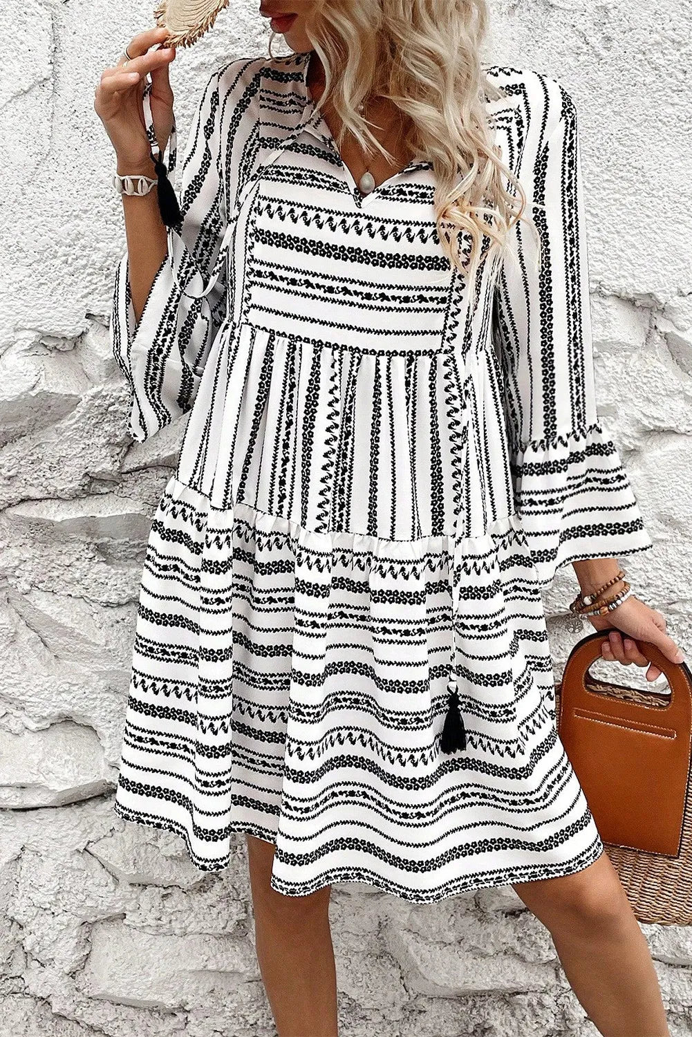 Printed Tie Neck Three-Quarter Sleeve Mini Dress