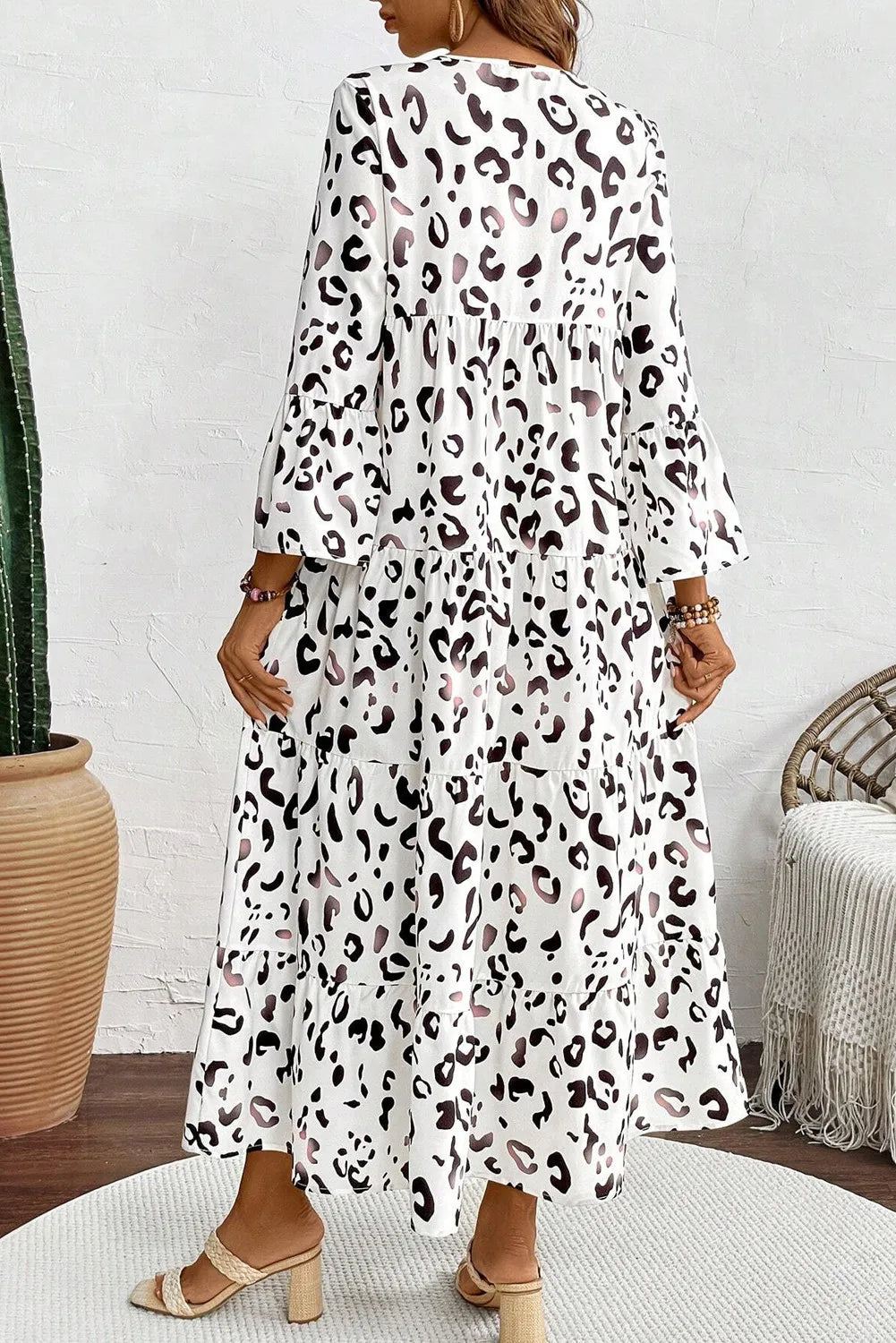 Tiered Leopard Notched Three-Quarter Sleeve Dress