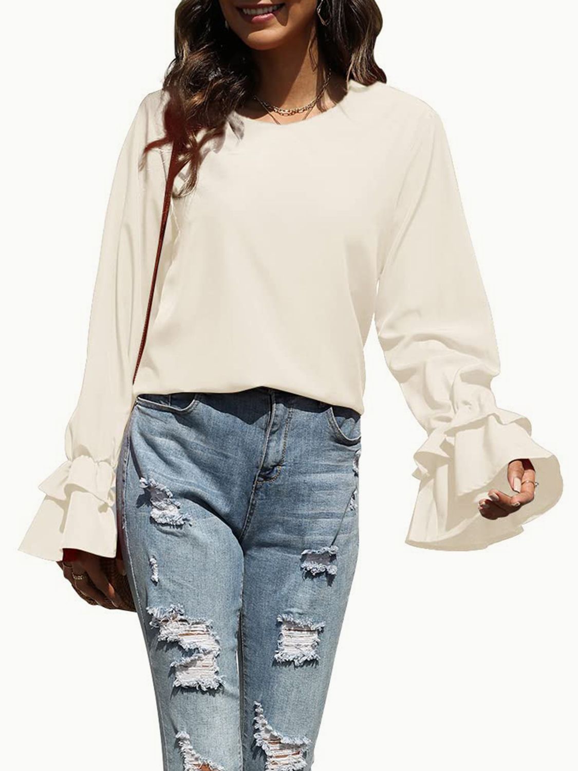 Round Neck Double-Layered Flounce Sleeve Top