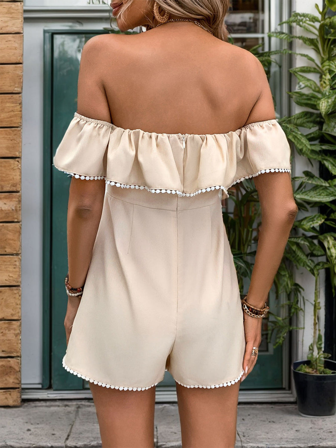 Perfee Tied Ruffled Off-Shoulder Short Sleeve Romper Back