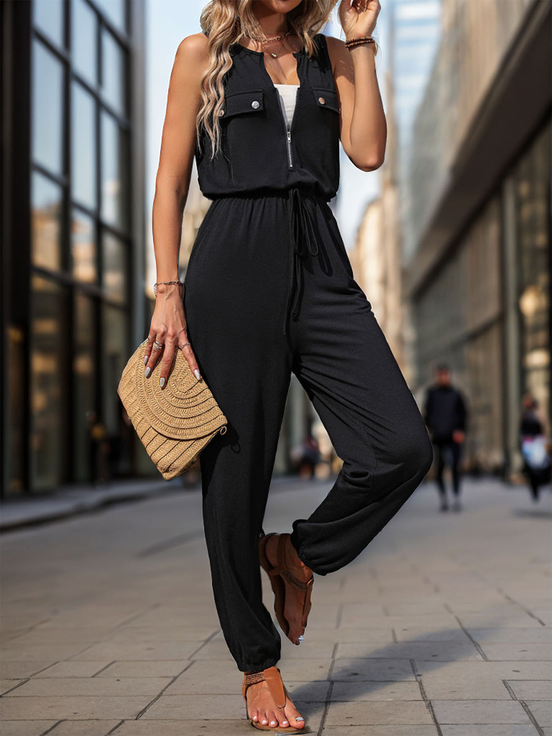 Perfee Half Zip Sleeveless Jumpsuit with Pockets