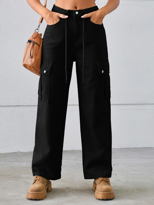 Drawstring Mid-Rise Waist Straight Cargo Jeans Front