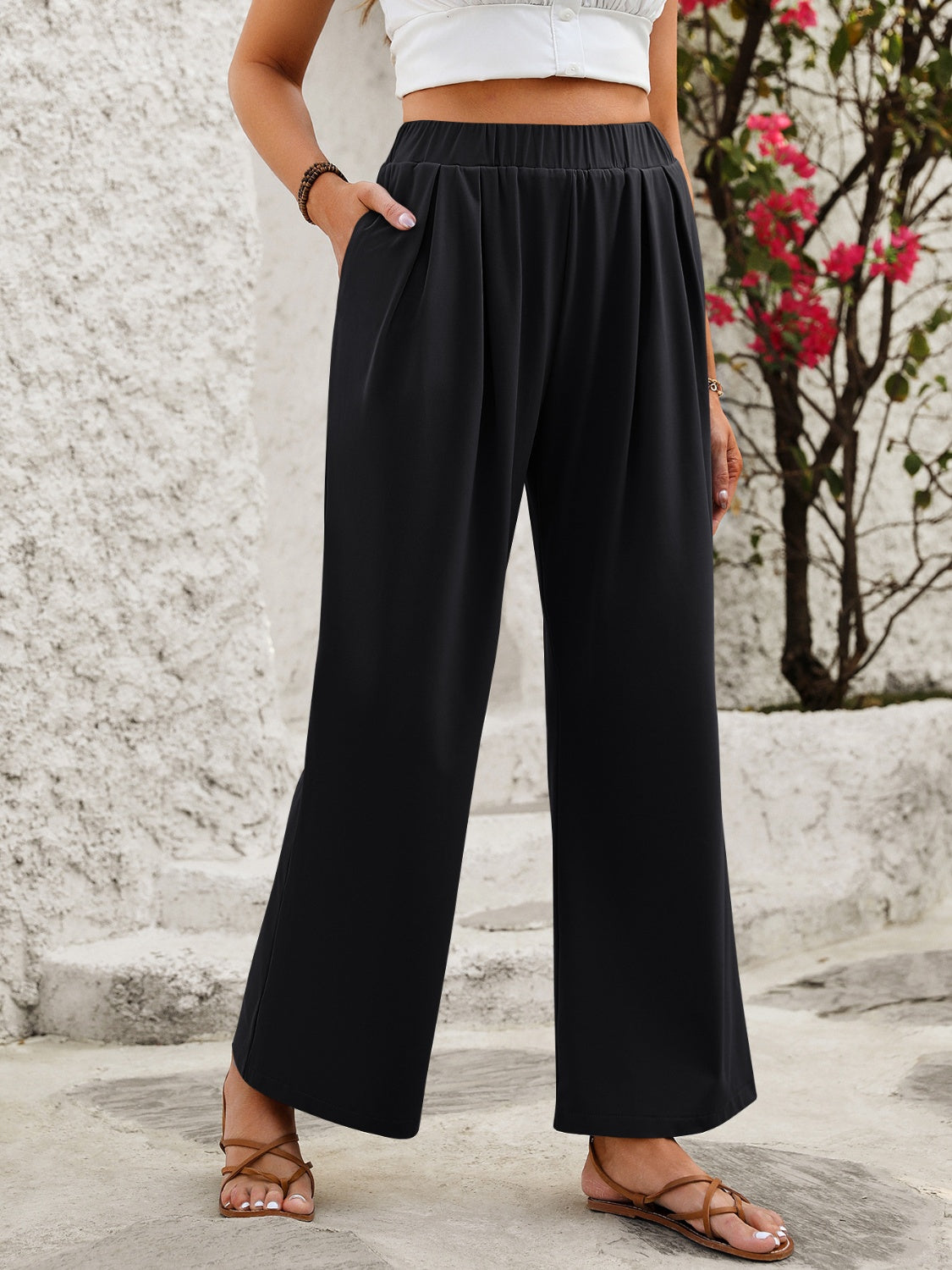 Elastic Waist Wide Leg Pants