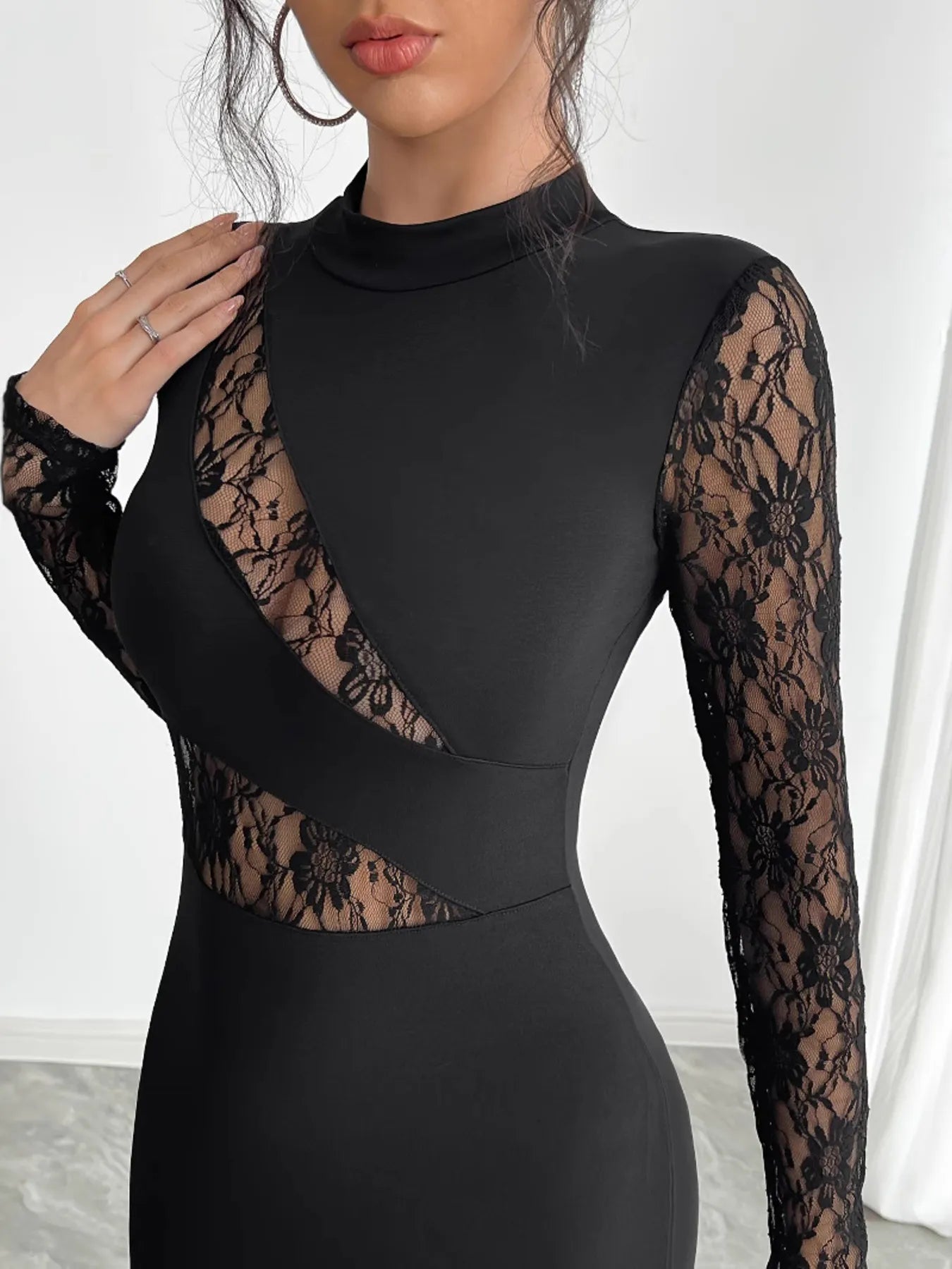 Lace Mock Neck Slit Dress