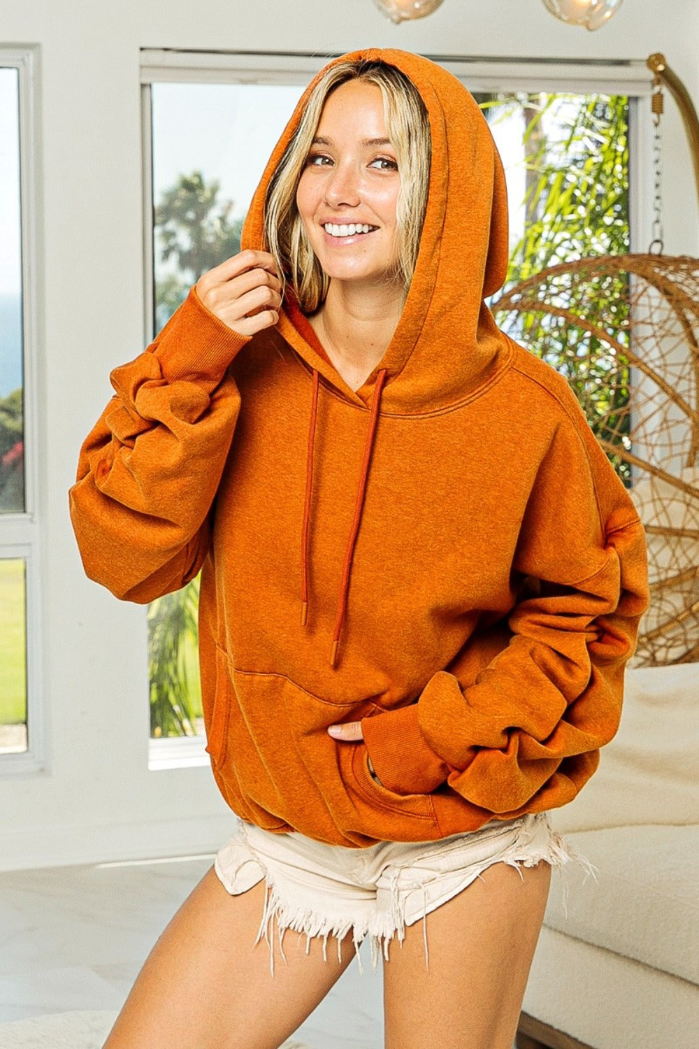 BiBi Ruched Long Sleeve Washed Fleece Hoodie Front